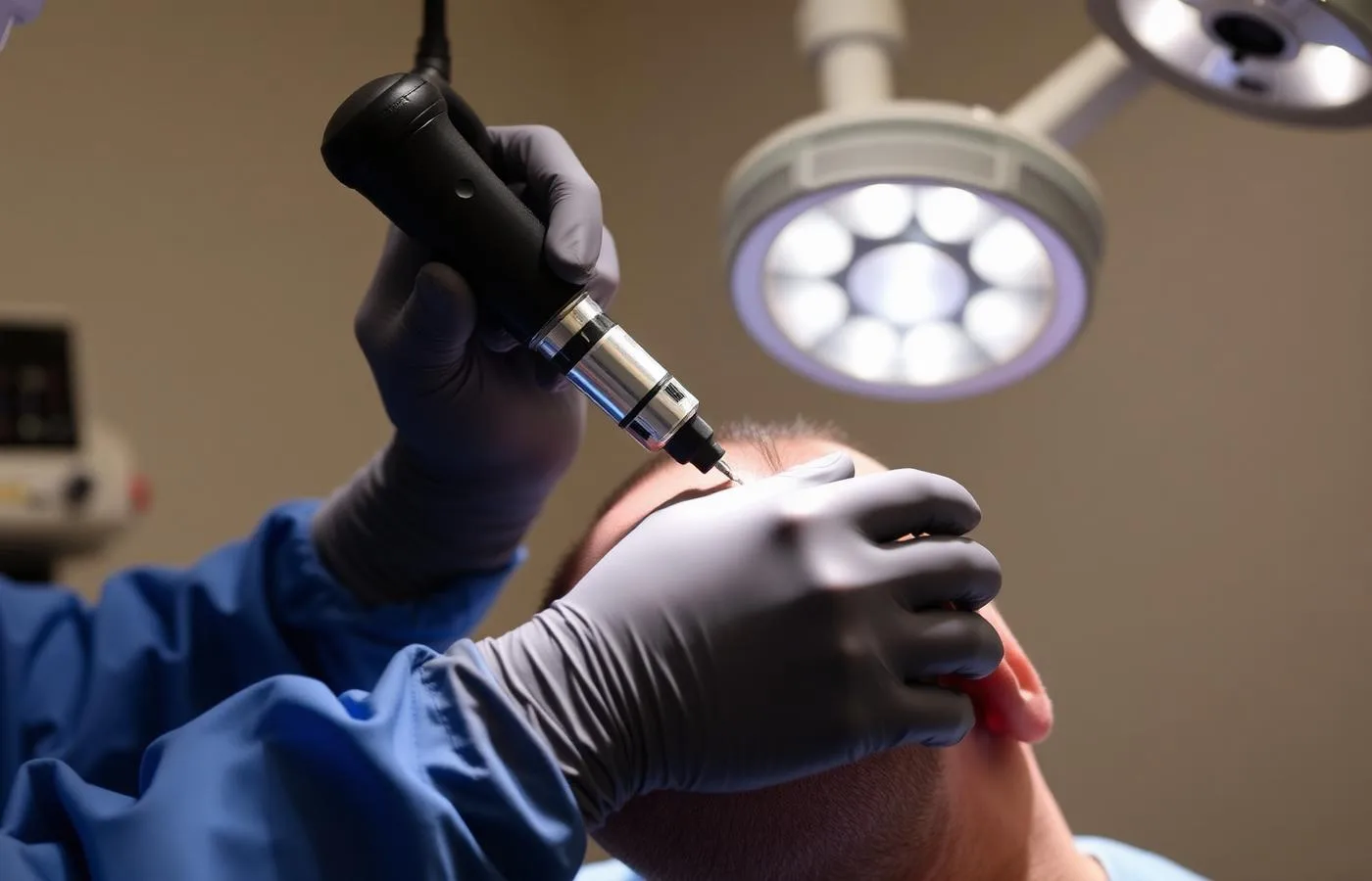 Hair transplant surgeon extracting follicular grafts with a motorised micro punch during an Adv FUE procedure