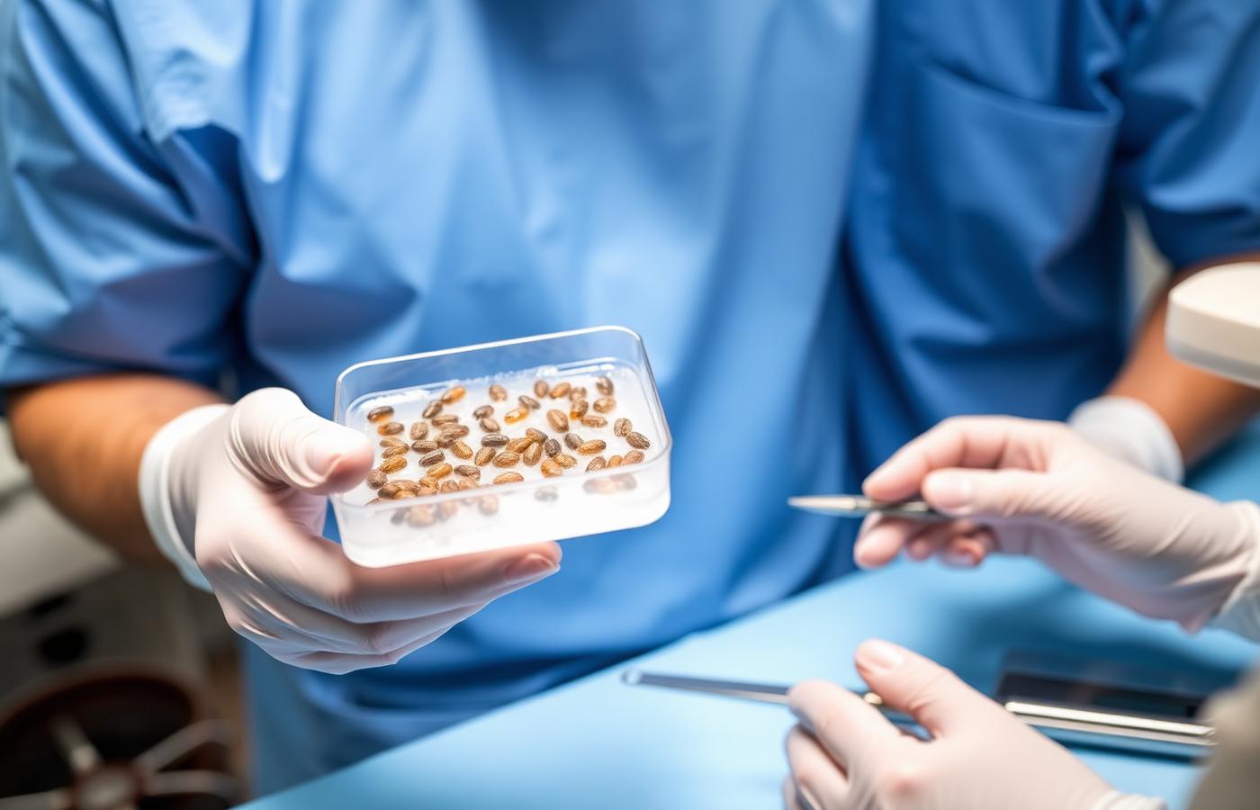 Surgeon holding harvested follicular grafts in chilled biological preservation solution during a Bio FUE hair transplant