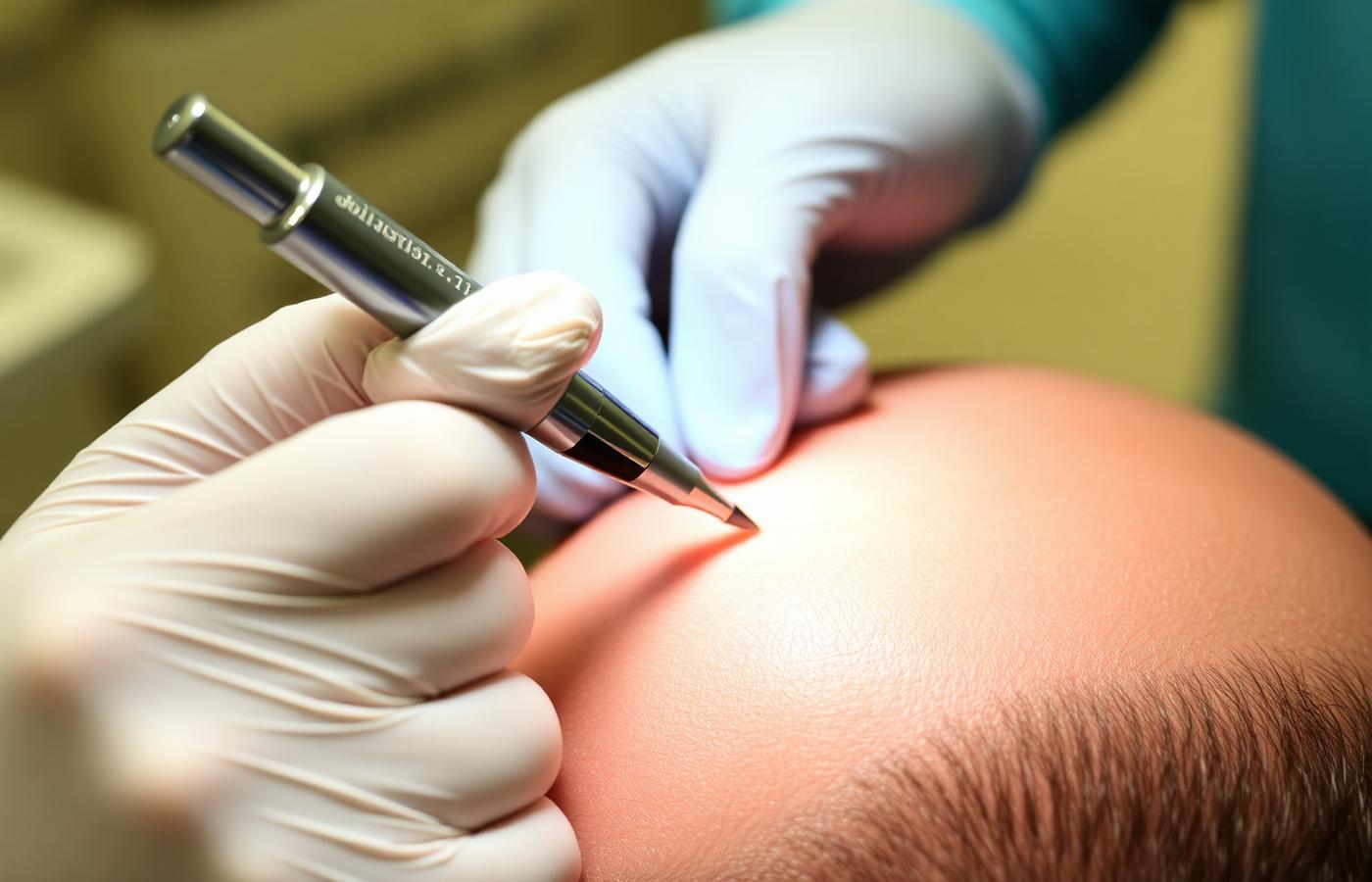Surgeon implanting a hair graft into the scalp with a Choi implanter pen during a DHI hair transplant procedure