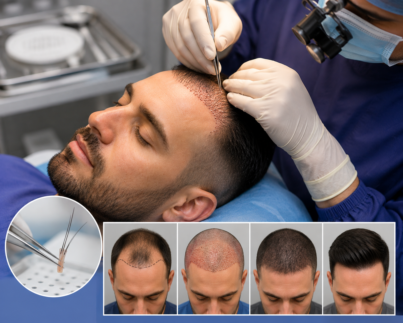FUE hair transplant procedure in Visakhapatnam with graft close-up and before-after results