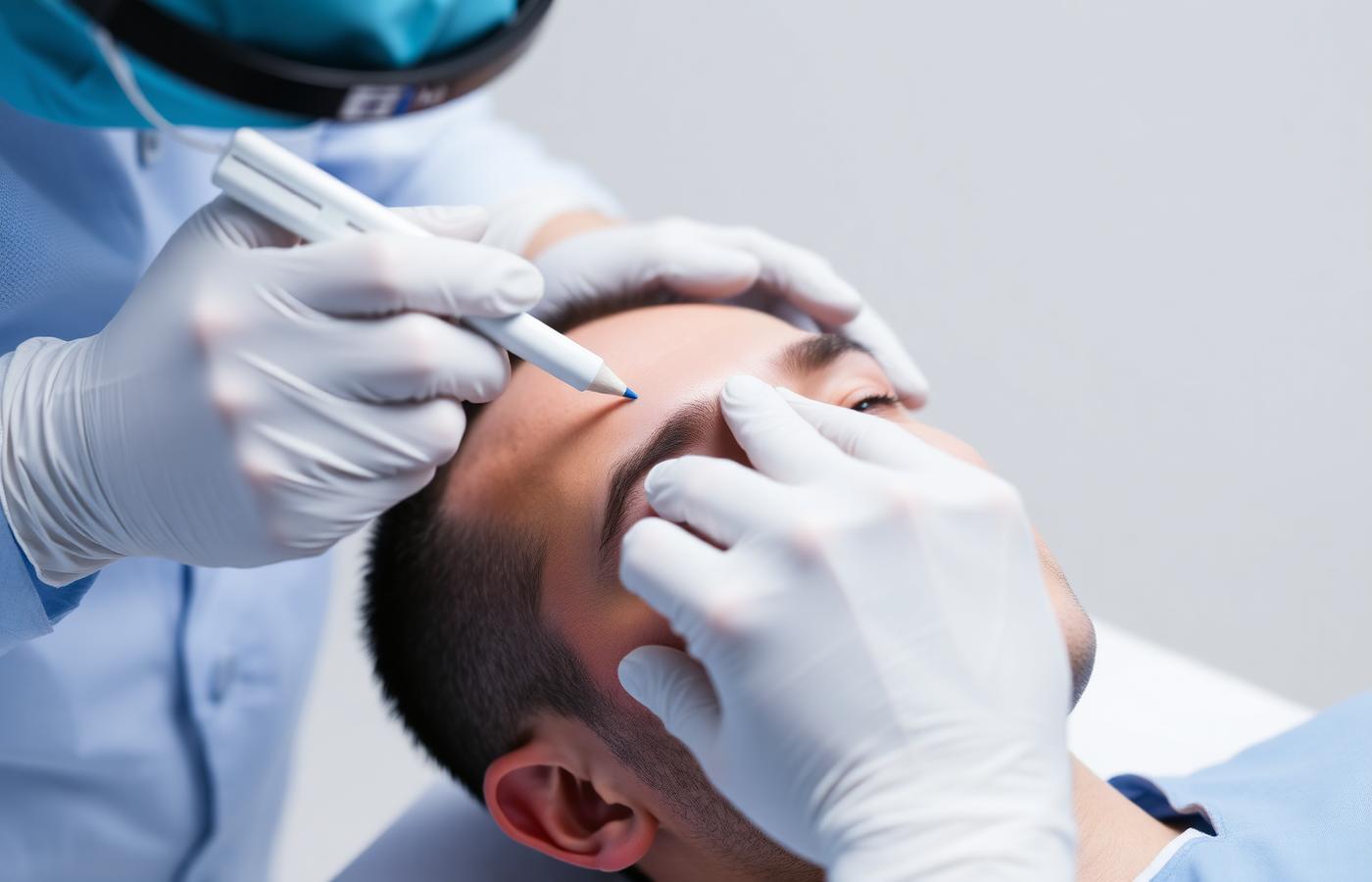 Surgeon marking a natural hairline design on a patient's forehead with a surgical pencil