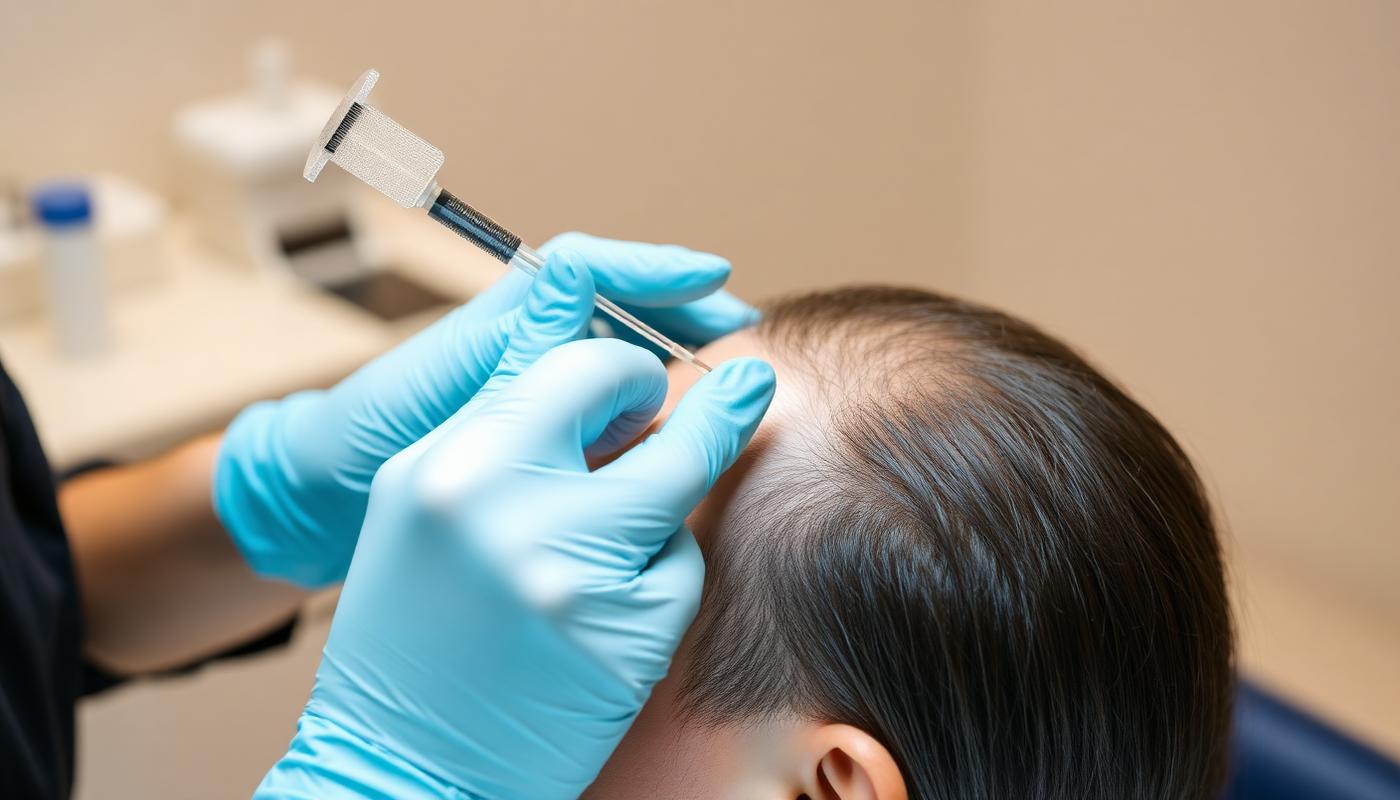 Mesotherapy scalp injection being performed on a patient in a modern clinic