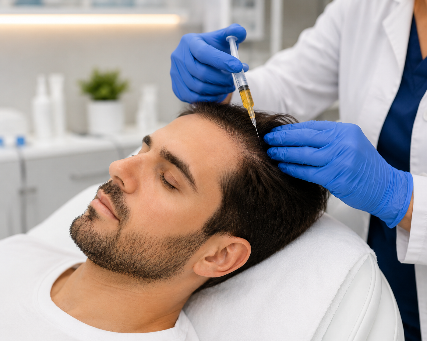 Growth factor concentrate serum prepared in a syringe beside a clinical centrifuge